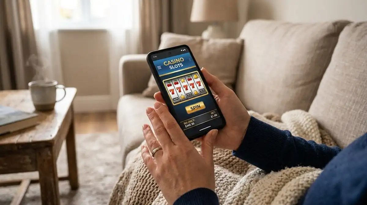 Smartphone mit Casino-App in der Hand auf dem Sofa