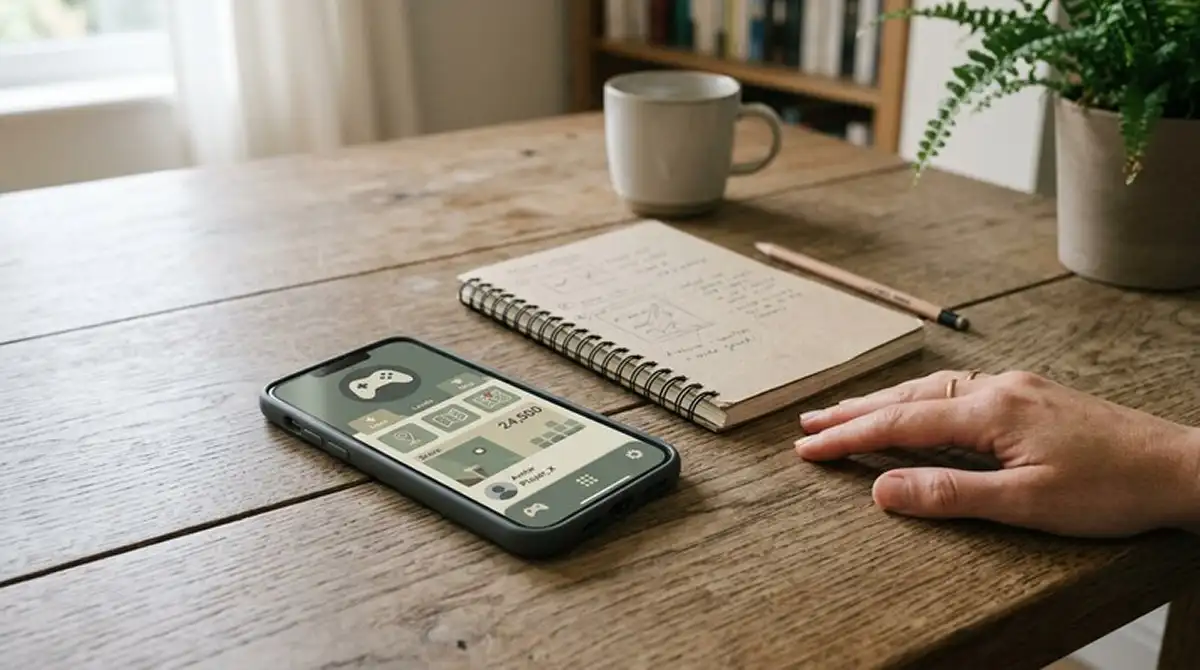 Smartphone mit neutraler Casino-Oberfläche neben einem Budget-Notizbuch
