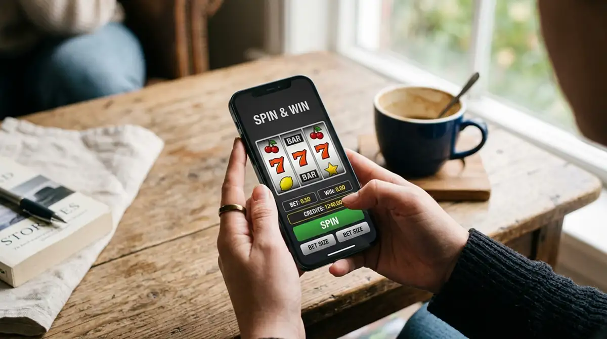 Person spielt Automatenspiel auf Smartphone mit neutraler Casino-App-Oberfläche