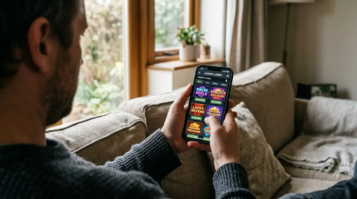 Erwachsener hält ein Smartphone mit geöffneter Casino-Lobby in der Hand, im Hintergrund Wohnzimmer bei Tageslicht, keine Logos sichtbar