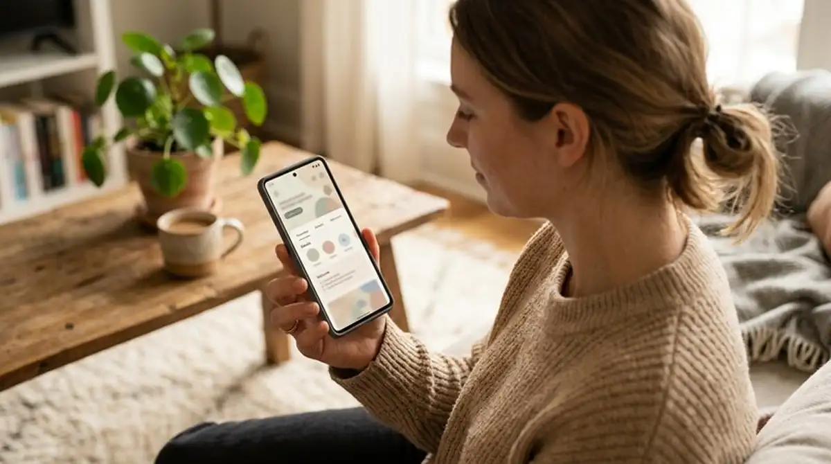 Smartphone mit Casino-Web-App auf dem Bildschirm in einer ruhigen Wohnsituation