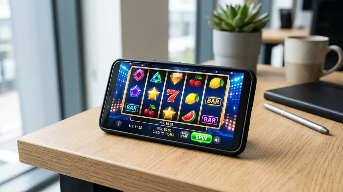 Smartphone mit Casino-Slot-Spiel auf modernem Schreibtisch