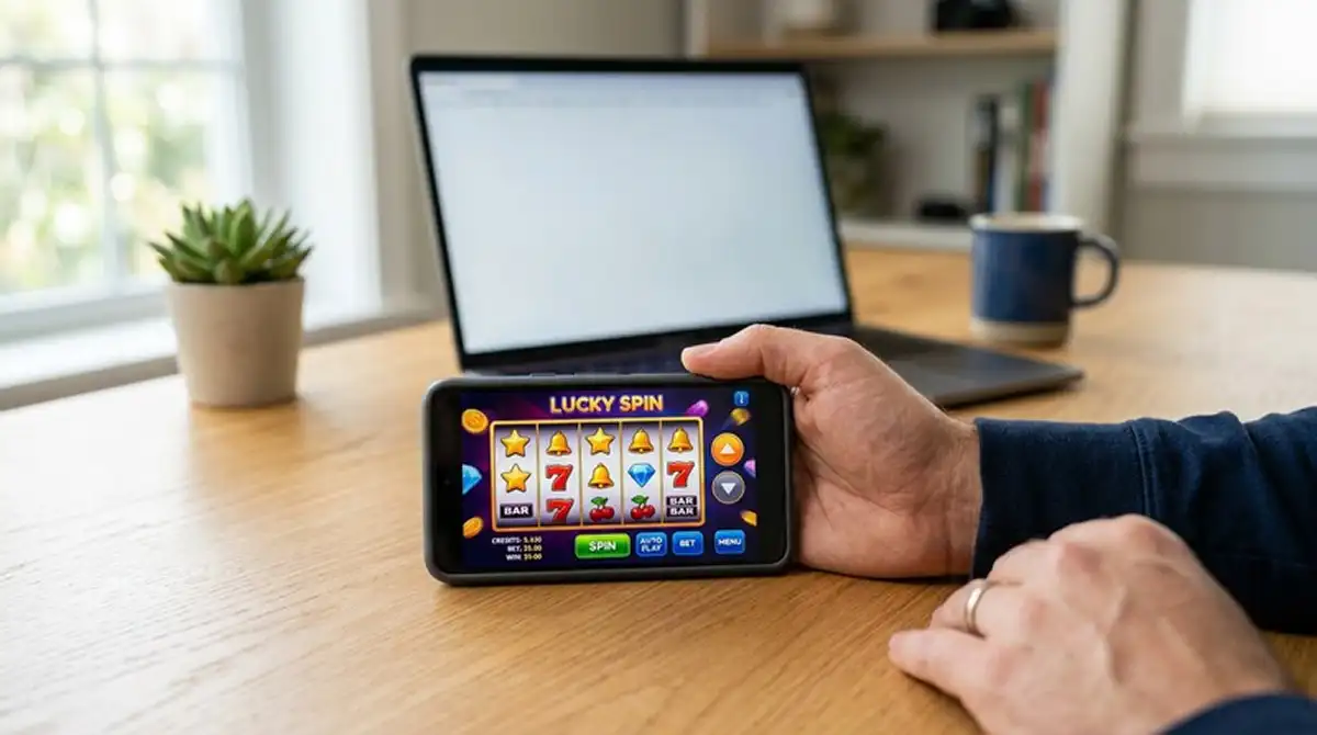 Smartphone mit Spielautomaten-Interface auf dem Display neben Laptop
