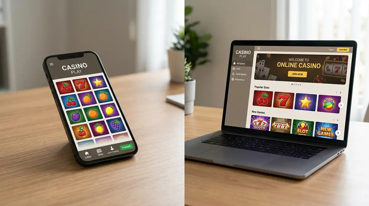 Smartphone mit Casino-App und Laptop mit offenem Casino-Interface