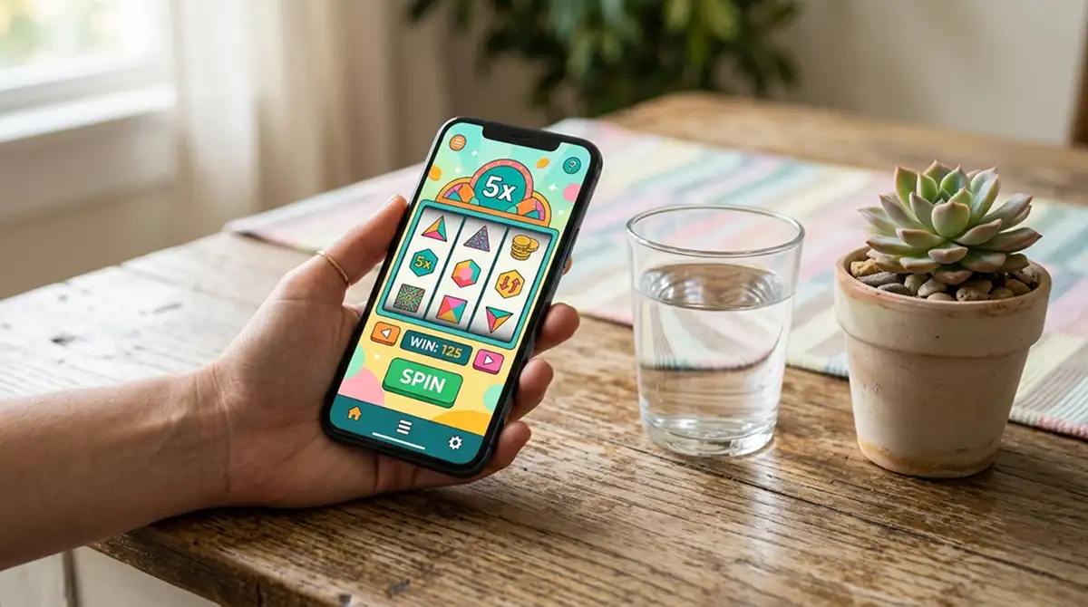 Smartphone mit geöffnetem Browser und Slot-Walzen, daneben ein Getränk, eine Pflanze und Tageslicht, alles ist ruhig und entspannt, keine Logos