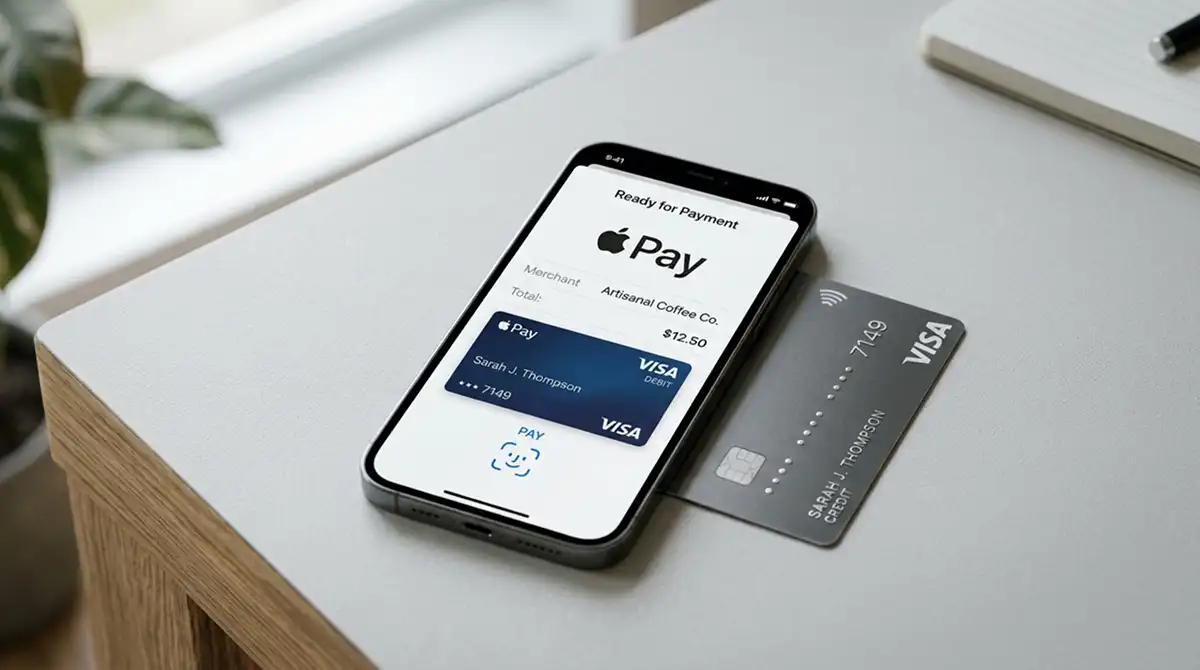 Smartphone zeigt Mobile-Payment-Interface mit Apple Pay und Google Pay Icons, Kreditkarte teilweise sichtbar