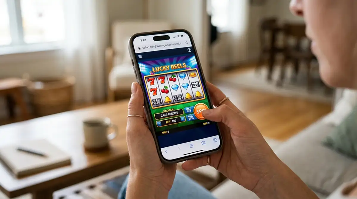 Smartphone zeigt Slot-Demo im mobilen Browser