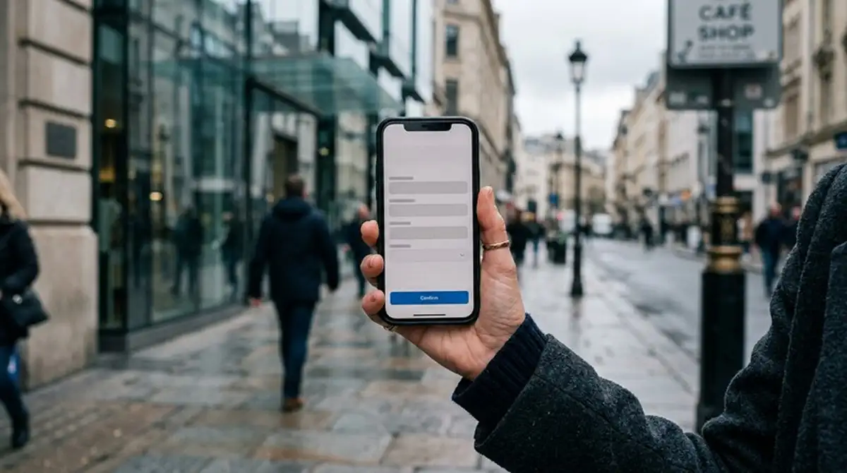 Smartphone mit geöffneter Casino-Kasse in der Hand eines Spielers unterwegs