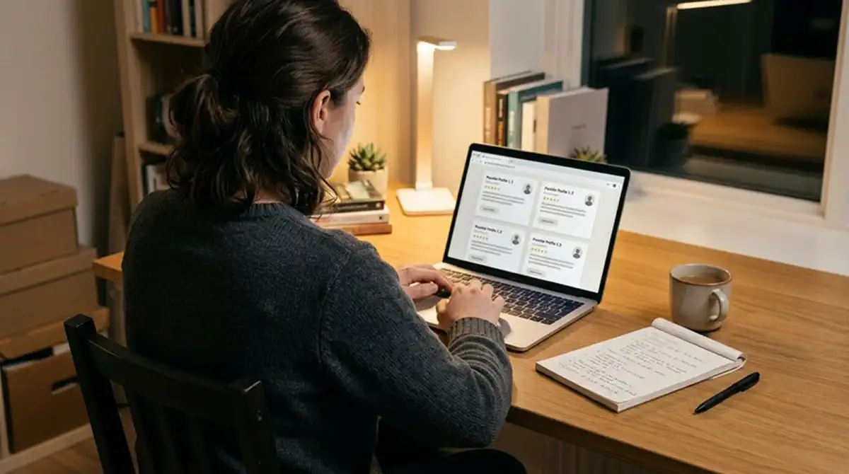 Person am Schreibtisch vergleicht neue Anbieter mit Bonus ohne Einzahlung am Laptop mit Notizen