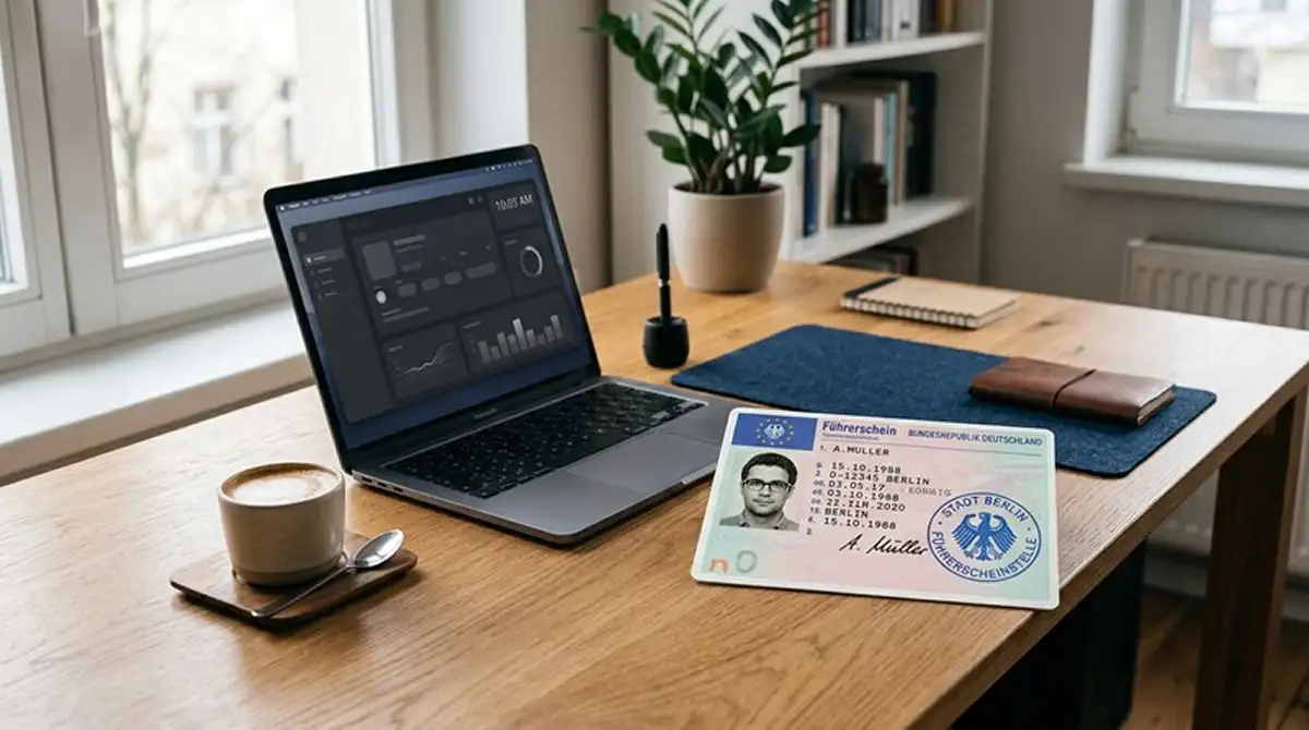 Aufgeräumter Schreibtisch mit deutschem Lizenzdokument und Symbolen für Online-Glücksspiel