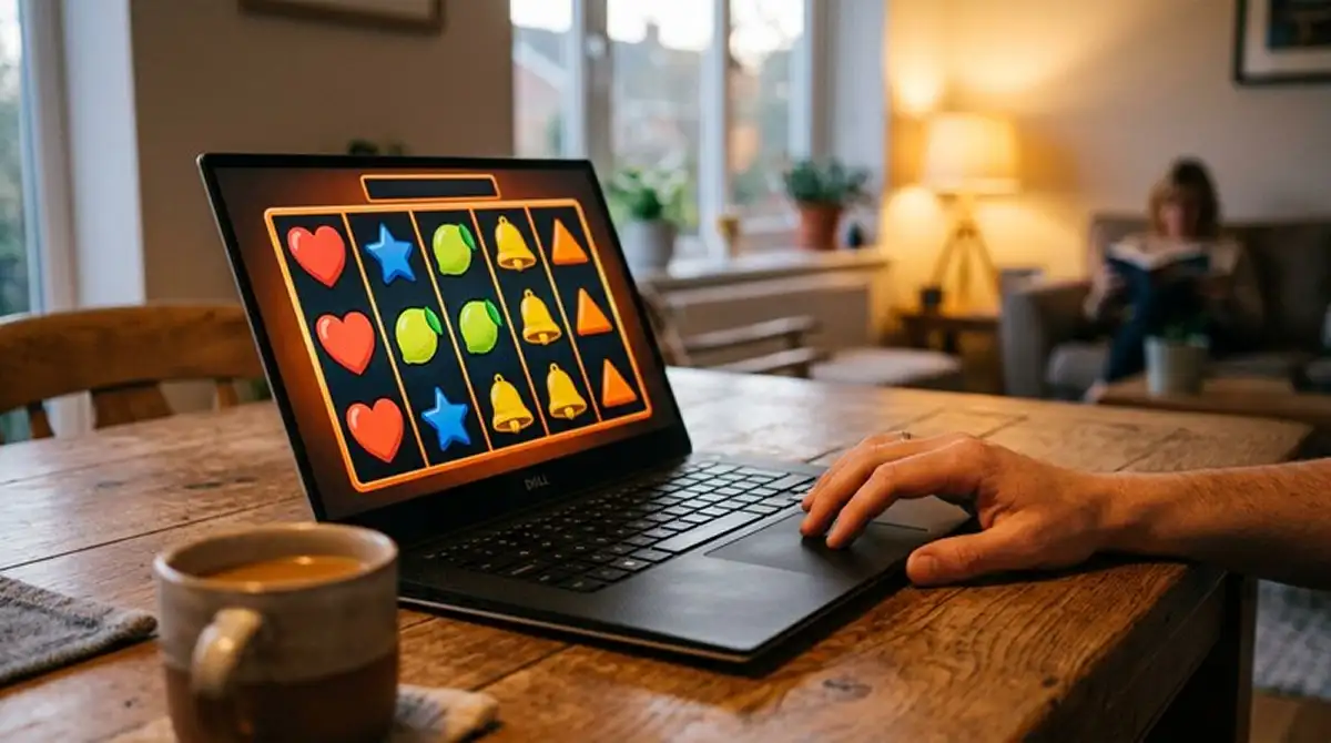 Laptop zeigt allgemeine Spielautomaten-Walzen mit neutralen Symbolen ohne Markenkennung