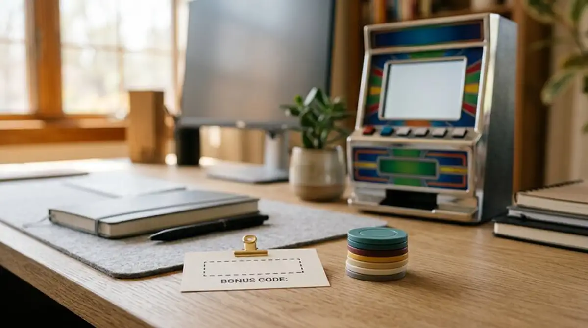 Spielautomat im Hintergrund, davor ein Stapel Spielchips und ein Couponschein mit Bonuscode