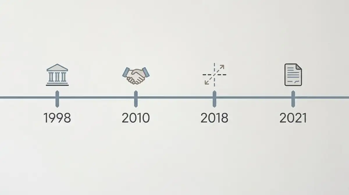 Zeitstrahl mit Meilensteinen: Greentube-Gründung 1998, Novomatic-Übernahme 2010, Deutschland-Rückzug 2018, GlüStV 2021