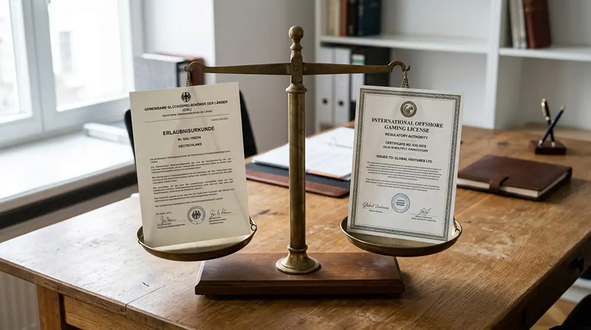 Waagschalen mit Dokumenten zur GGL-Lizenz und zur Offshore-Lizenz