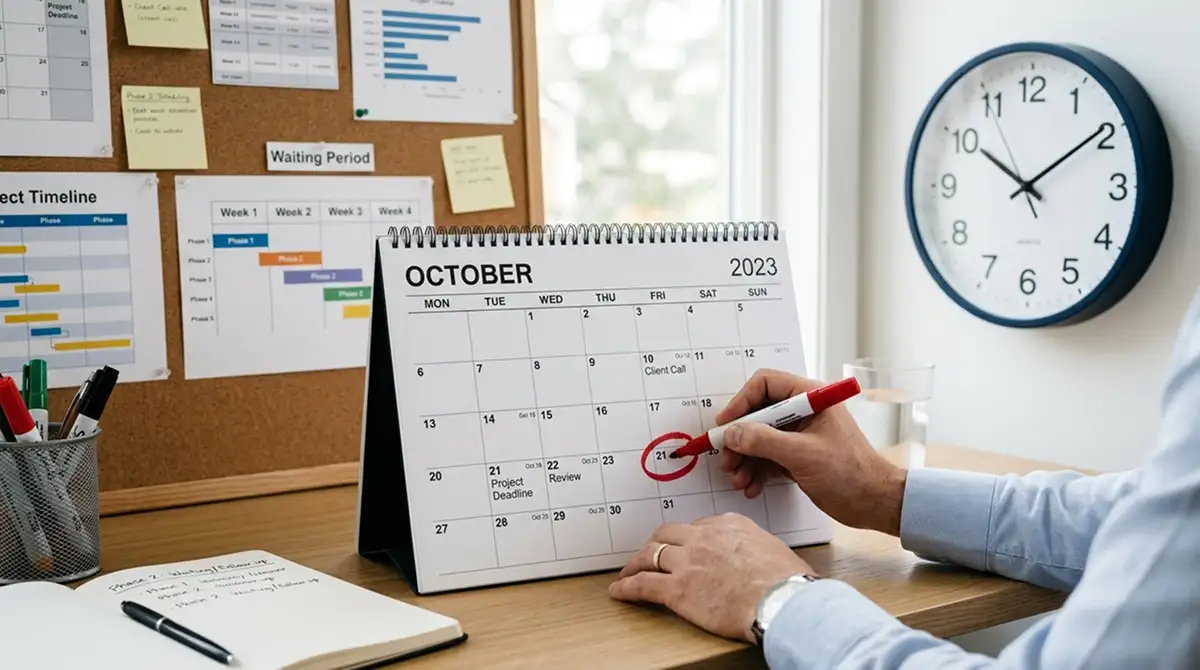 Wandkalender mit rot markiertem Datum neben einer Tischuhr