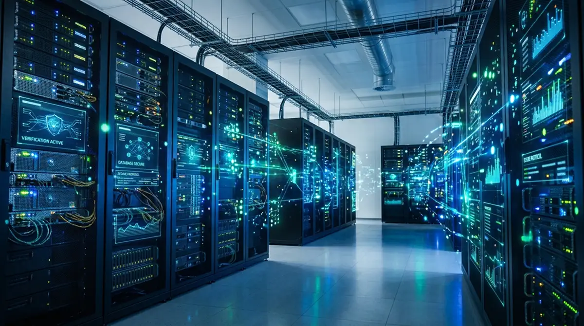 Serverraum mit digitalen Datenströmen und Netzwerkverbindungen