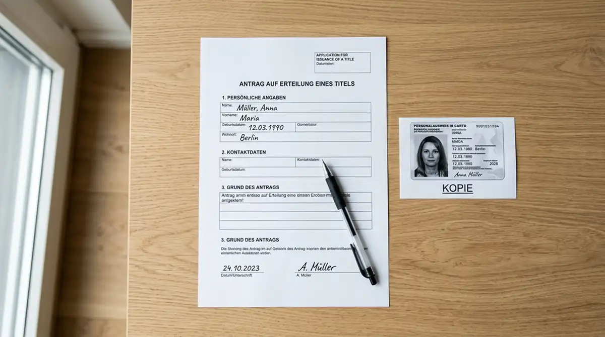 Antrag mit Personalausweis-Kopie und Stift auf Schreibtisch