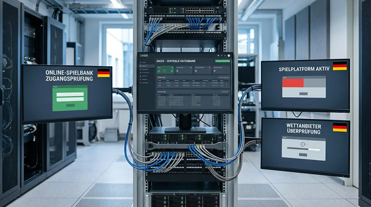 Symbolische Darstellung der OASIS-Datenbank mit Verbindungslinien zu deutschen Casinos