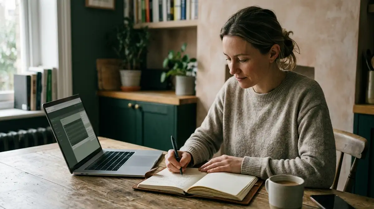 Person mit Notizbuch und ruhigem Budgetplan neben einem Laptop