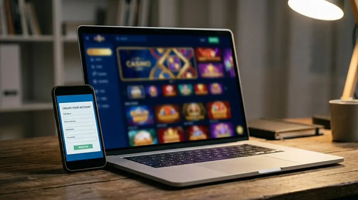 Reihe von Casino-Markenlogos auf einem Tisch, verschwommen und ohne erkennbare Schriftzüge, mit einem Smartphone im Vordergrund