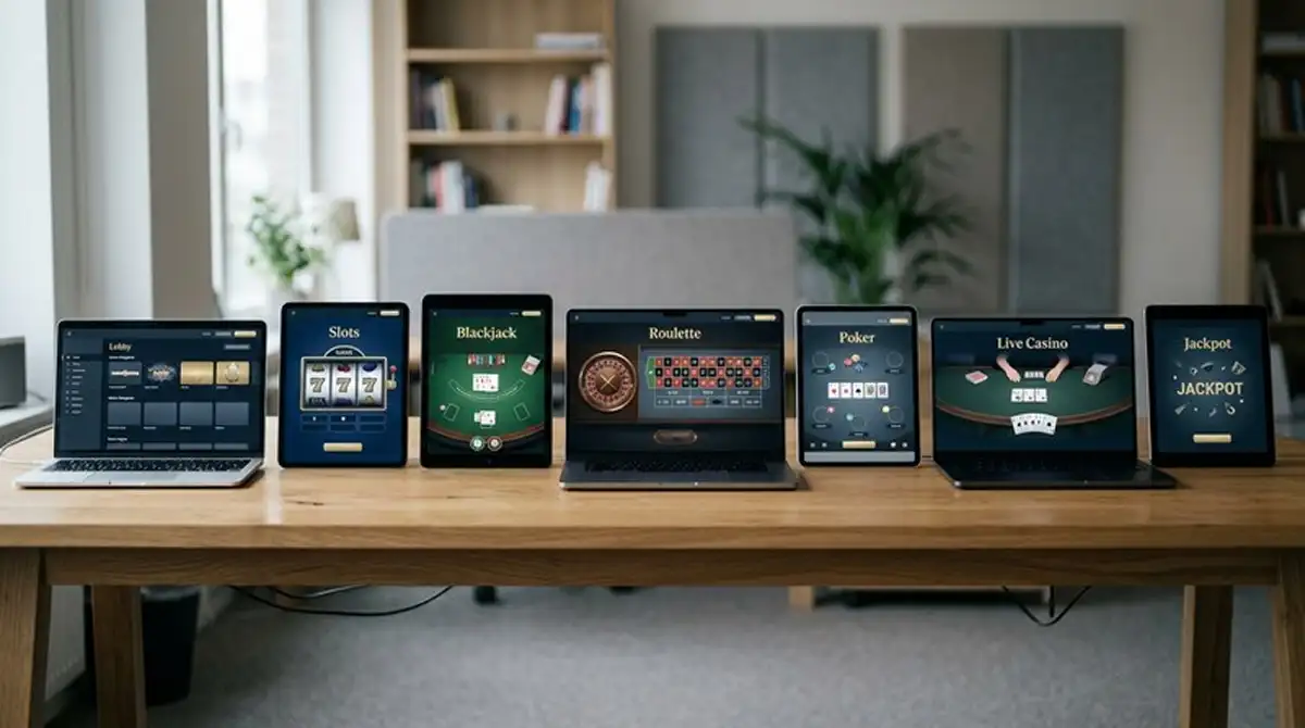 Mehrere Tablet-Bildschirme nebeneinander zeigen verschiedene Casino-Oberflächen ohne erkennbares Branding