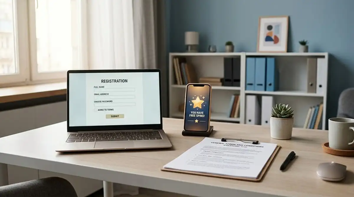 Laptop mit neutraler Casino-Anmeldung und symbolischen Freispiele-Marken