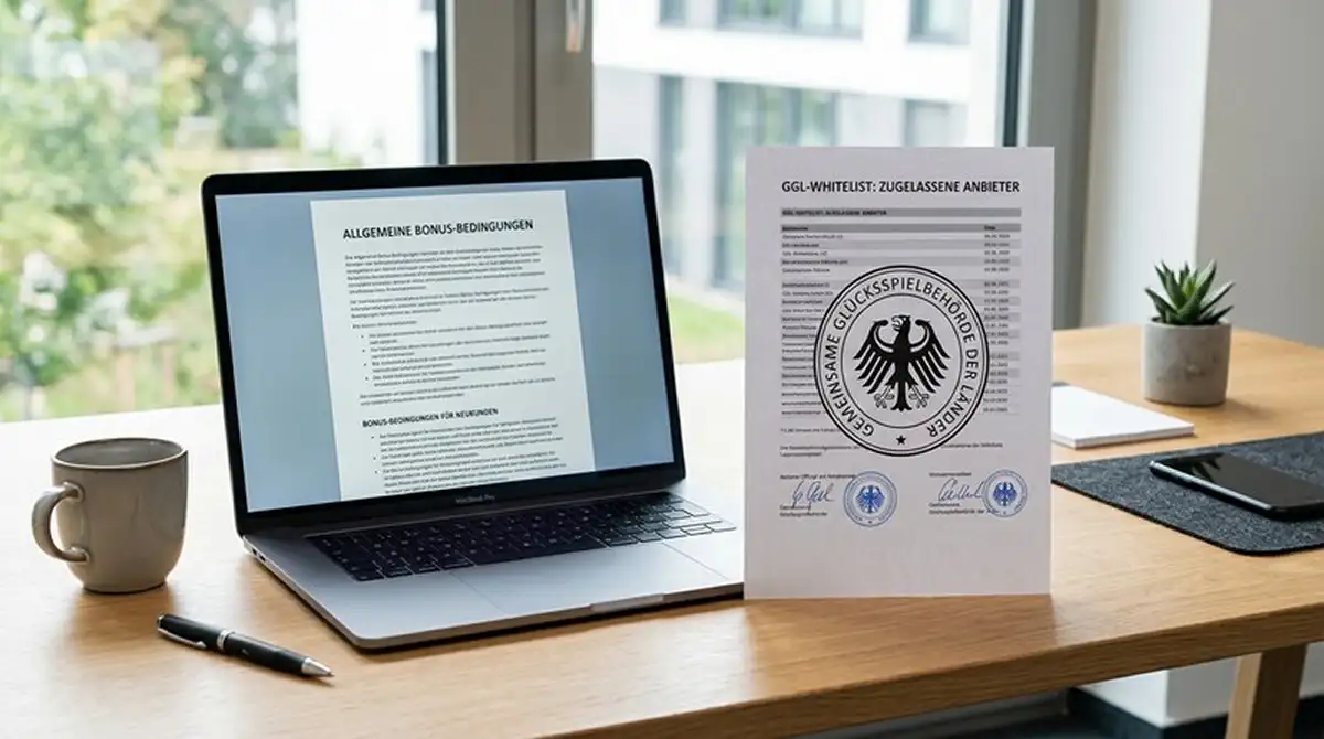 Schreibtisch mit Laptop und deutschem Bonusreglement ohne Umsatzbedingungen