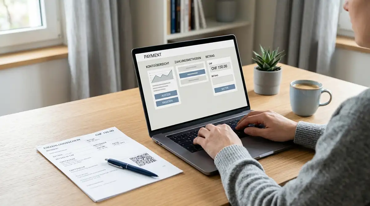 PostFinance-Zahlung im Online-Casino auf einem Laptop