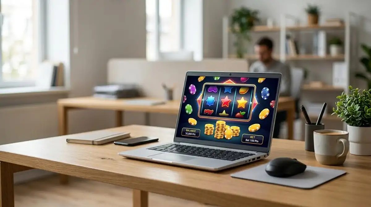 Online Casino Startguthaben ohne Einzahlung auf Laptop-Bildschirm mit abstrakten Spielautomaten