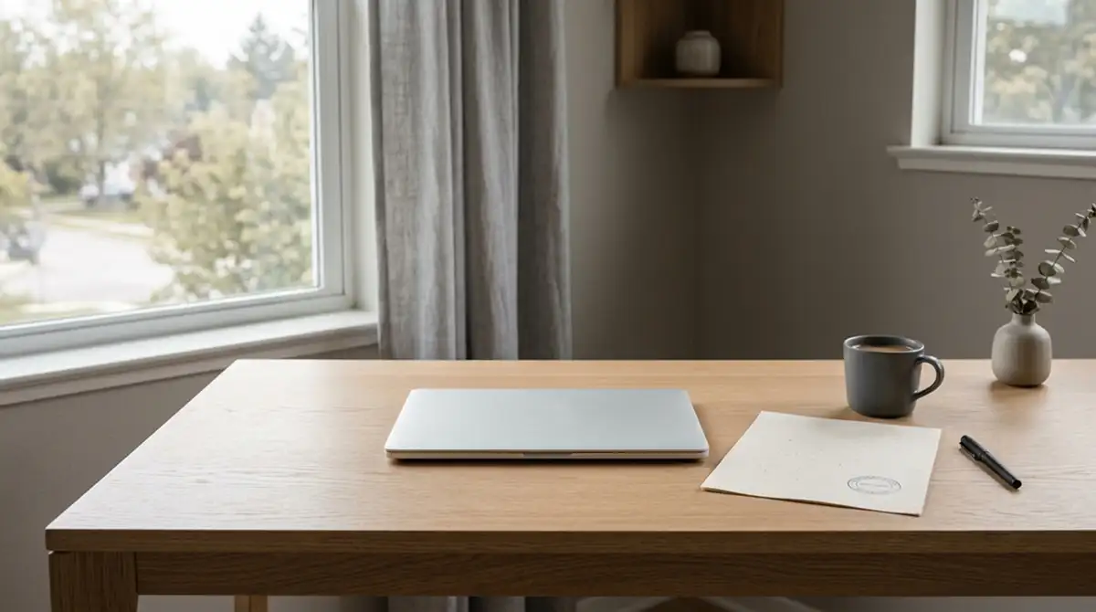Aufgeräumter Schreibtisch mit Laptop, neutralem Dokument mit Stempel und ruhigem Tageslicht
