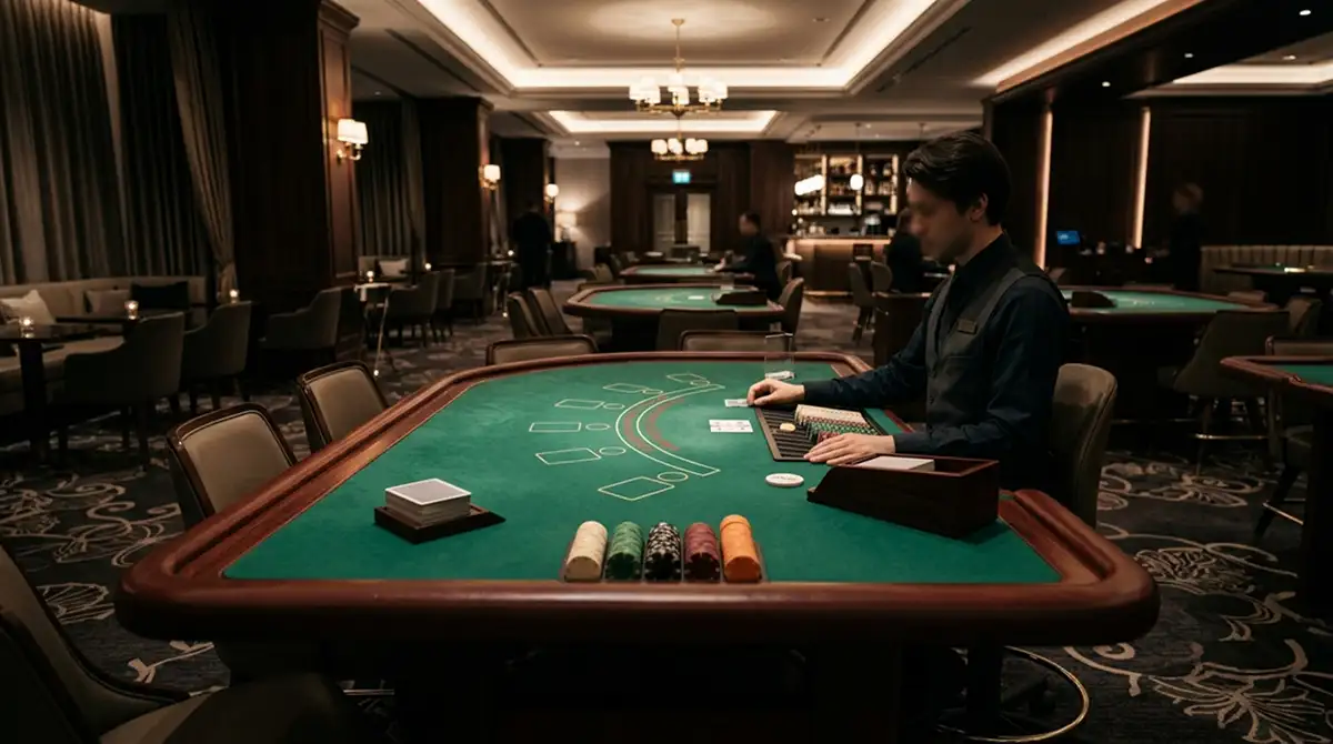 Live-Casino-Tisch mit neutralem Layout und dezenter Beleuchtung ohne Markenerkennung