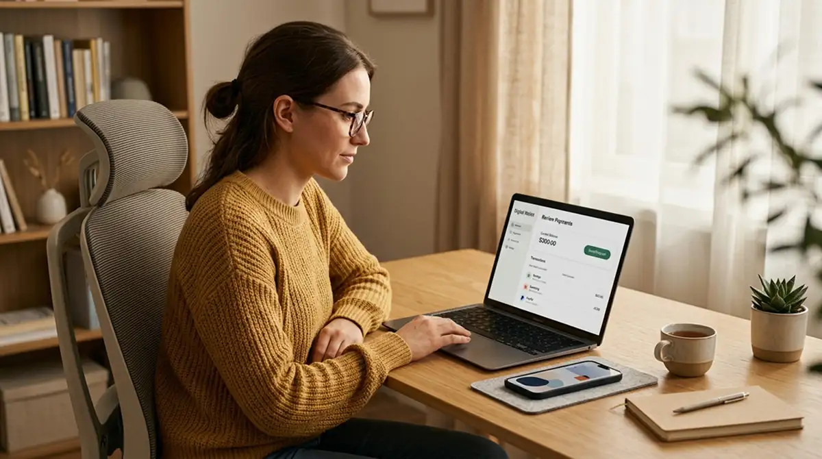 Person prüft Zahlungsmethoden am Laptop, daneben Smartphone mit neutraler Wallet-Ansicht