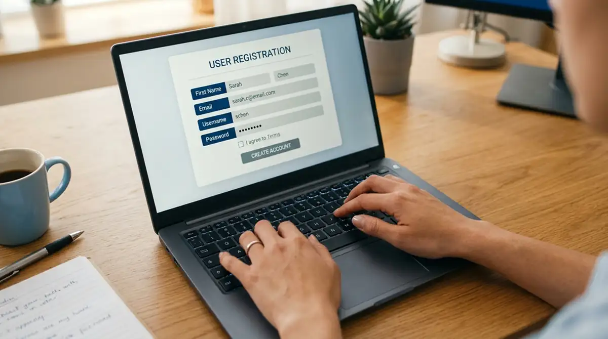 Hände tippen auf Laptop-Tastatur mit Registrierungsformular auf Bildschirm