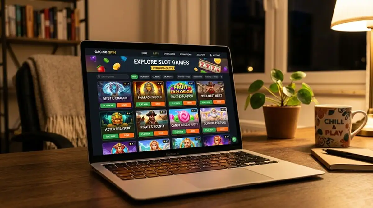 Laptop-Bildschirm mit Online-Casino-Spielauswahl und Slot-Vorschaubildern