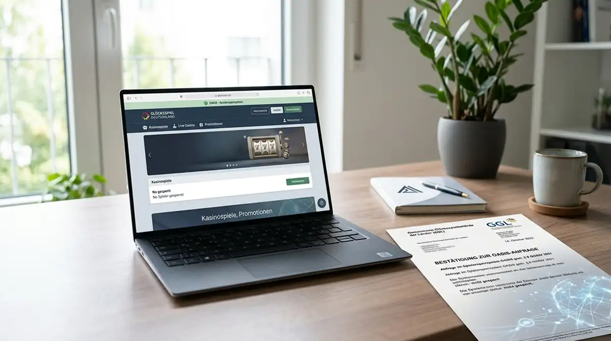 Laptop mit Casino-Website und OASIS-Dokument auf modernem Schreibtisch