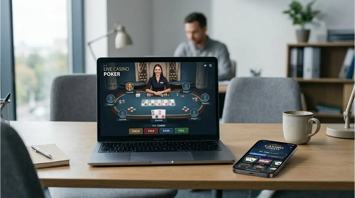 Laptop mit geöffnetem Live Casino Poker Tisch und Smartphone daneben