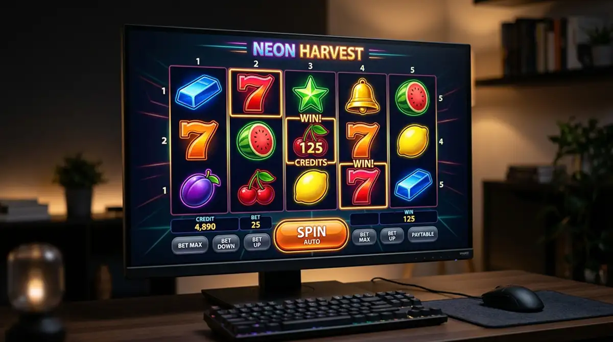 Generisches Slot-Interface mit bunten Symbolen auf dunklem Hintergrund