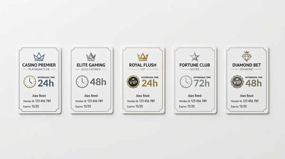 Vergleichstabelle mit fünf Casino-Logos und Auszahlungszeiten