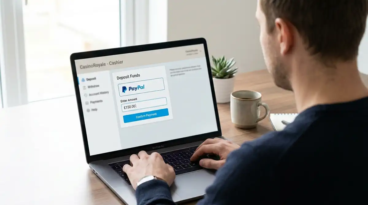Person am Laptop mit PayPal-Eingabemaske und Casino-Kassenbereich