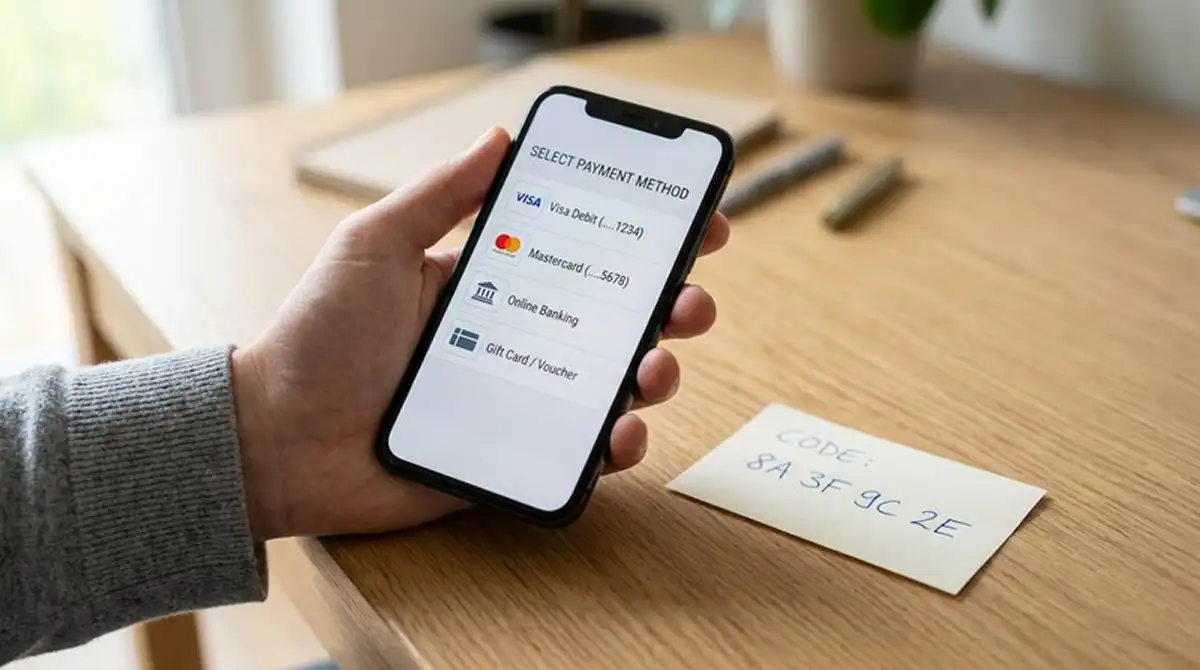 Smartphone mit geöffneter Zahlungsauswahl neben einem Notizzettel mit Bonuscode