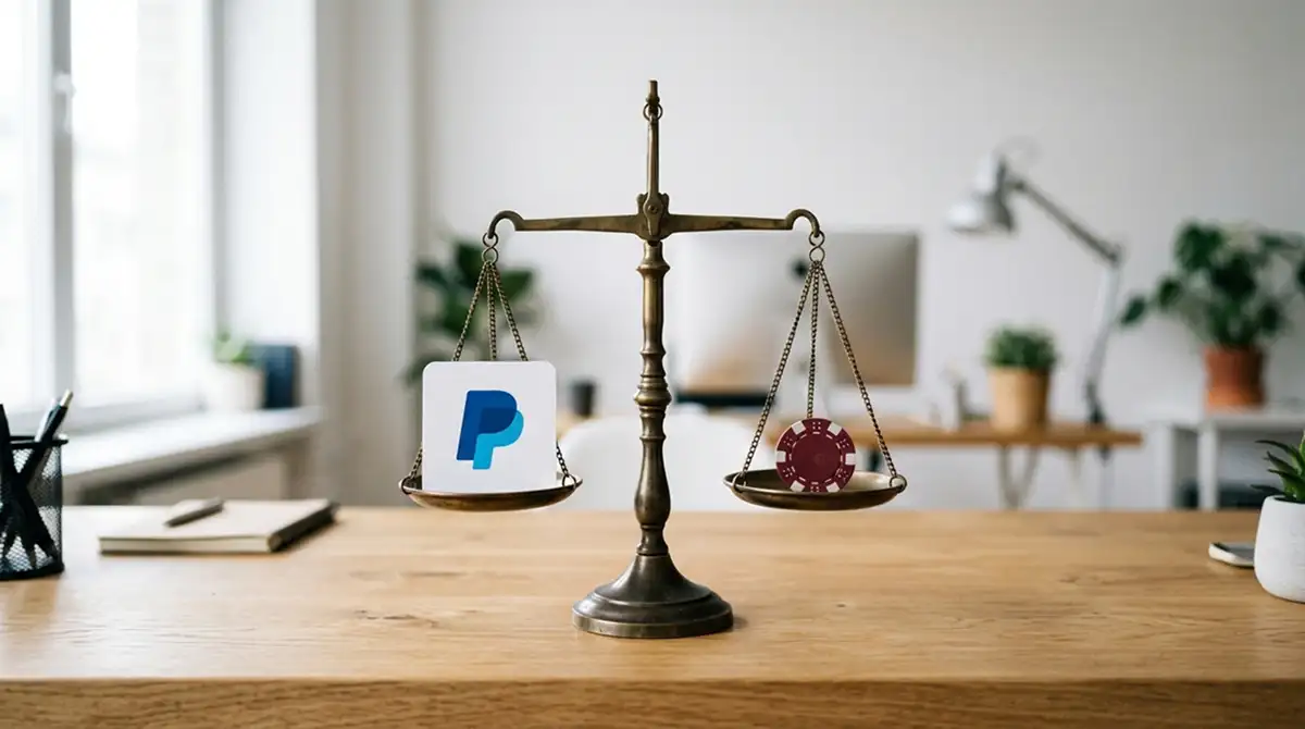 Waage mit PayPal-Logo auf einer Seite und Offshore-Casino-Symbol auf der anderen