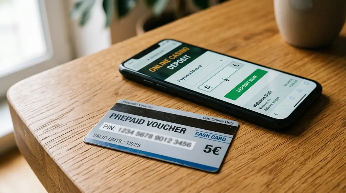 Paysafecard-Voucher neben Smartphone mit Casino-Einzahlungsseite