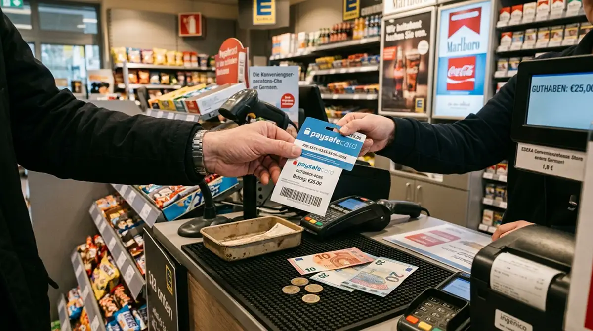 Person an Verkaufsstelle kauft Paysafecard-Voucher, Tankstelle im Hintergrund