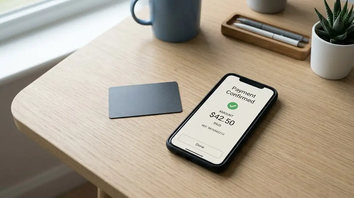 Prepaid-Karte ohne Marke und Smartphone mit neutralem Zahlungsbildschirm als Sinnbild der Zahlungswege