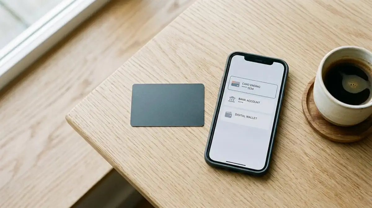 Prepaid-Karte und Smartphone mit Zahlungsauswahl auf einem Tisch