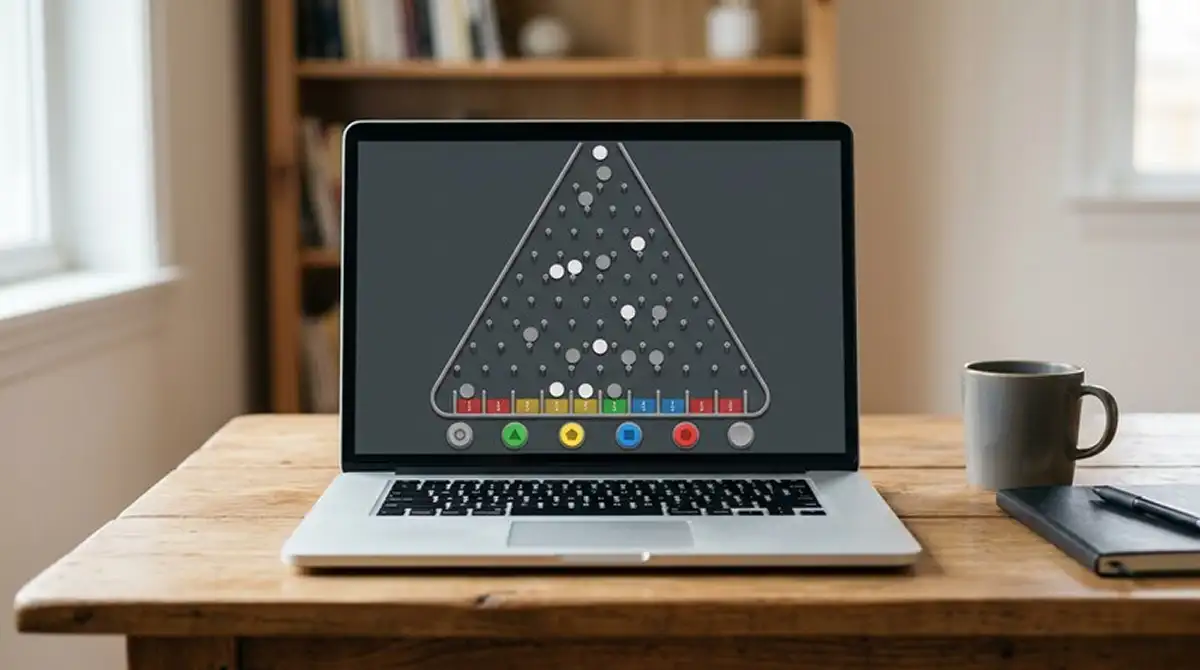 Laptop mit neutraler Plinko-Demooberfläche ohne Logos oder Echtgeldsymbole