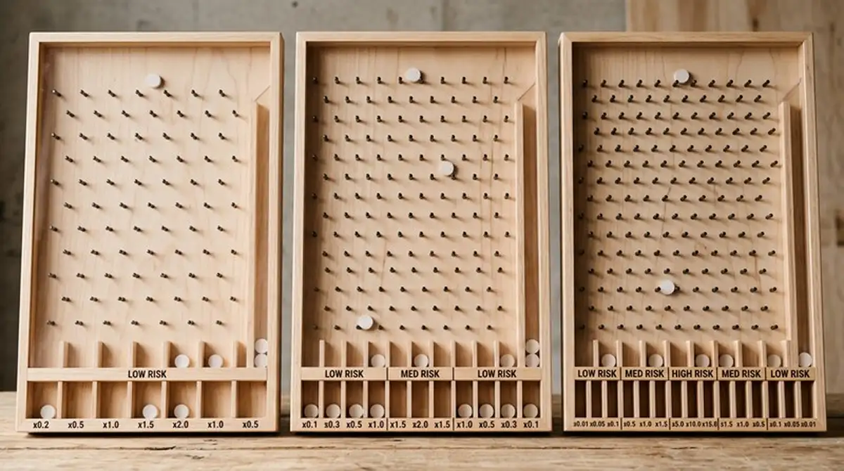 Abstrakte Plinko-Spielvarianten mit unterschiedlich vielen Reihen und Risikofeldern