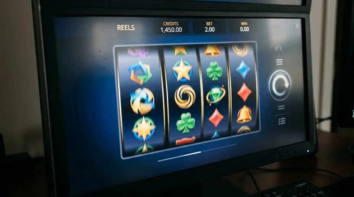Slot-Walzen mit generischen Symbolen auf Casino-Bildschirm