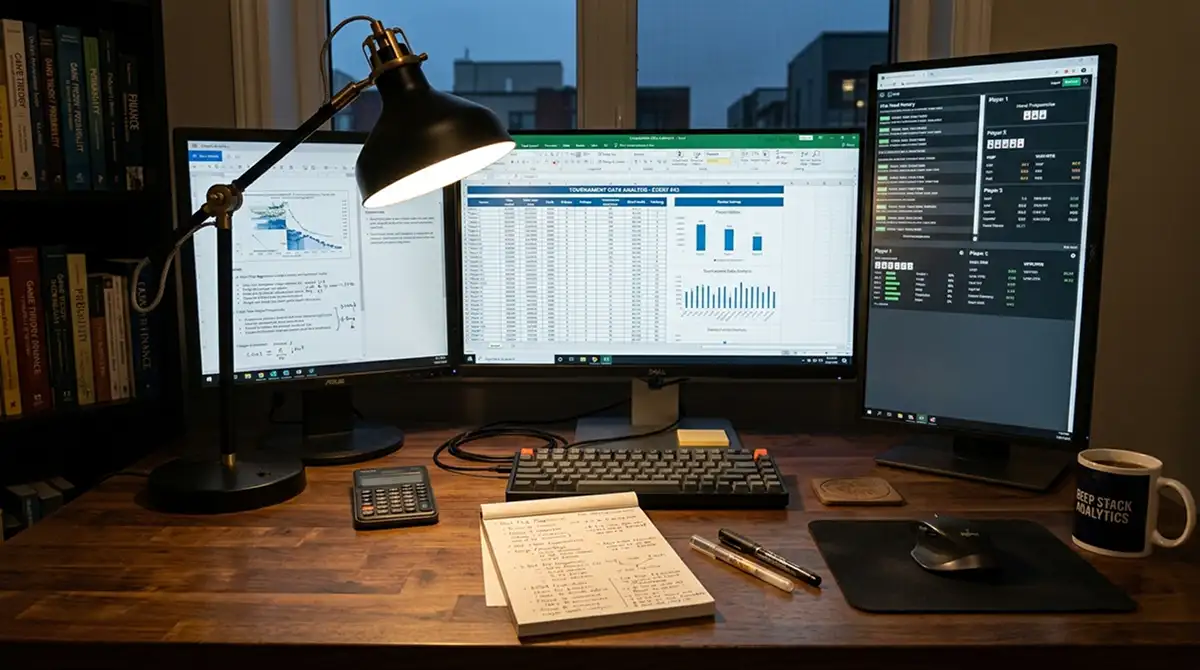 Professioneller Arbeitsplatz mit mehreren Monitoren und Strategienotizen