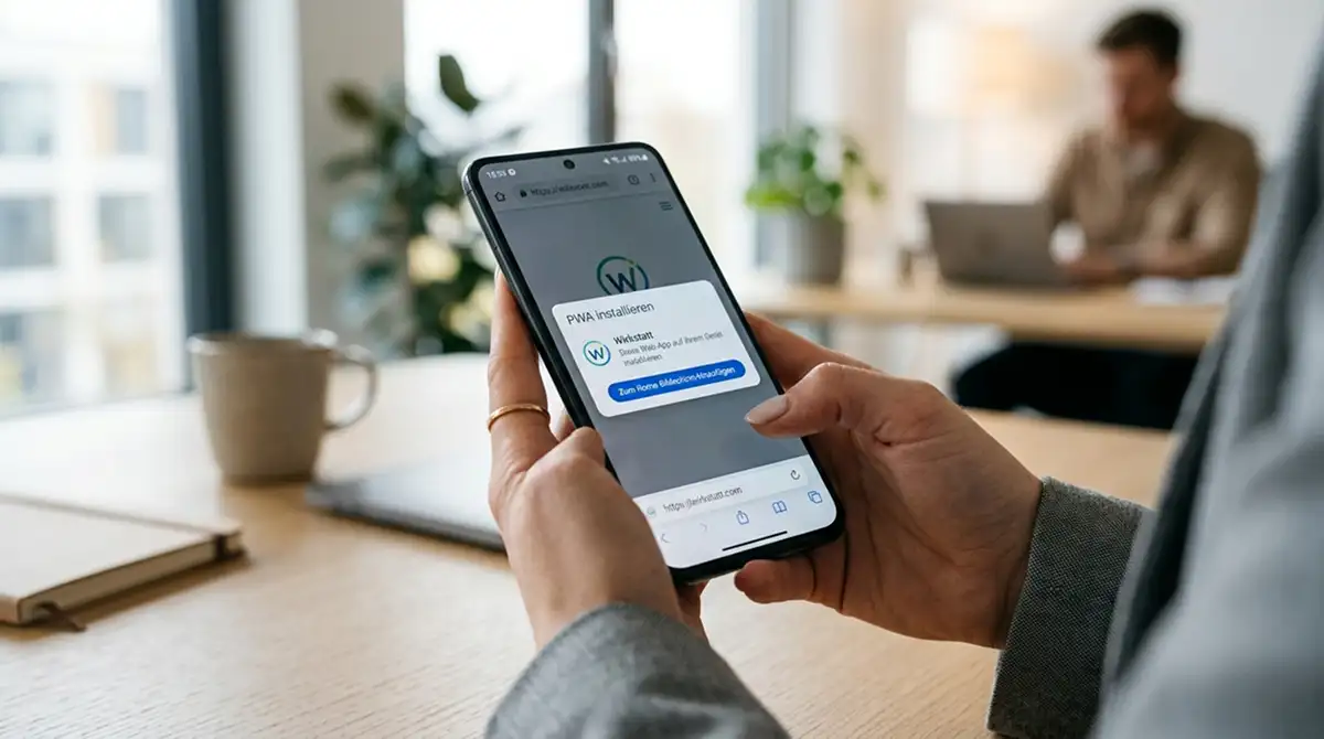 Nahaufnahme Hände halten Smartphone, Browser-Installationsaufforderung für Web-App sichtbar